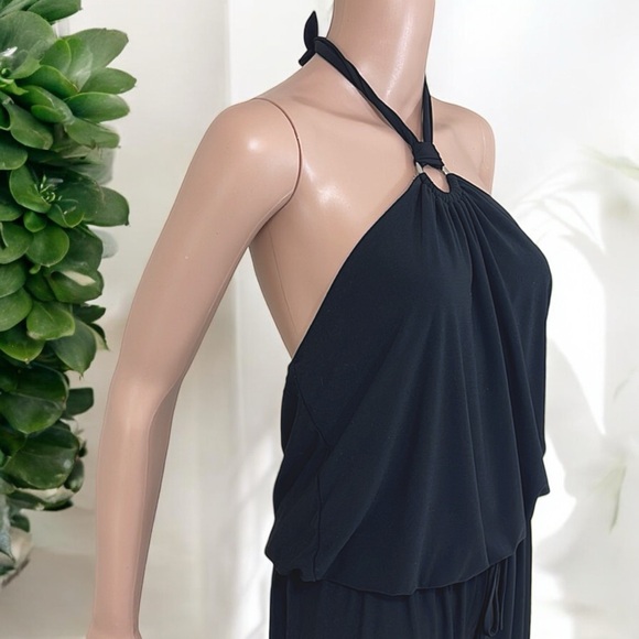 Black with Silver Ring Tie Neck Sleeveless Halter Wide Leg Jumpsuit - Picture 11 of 16